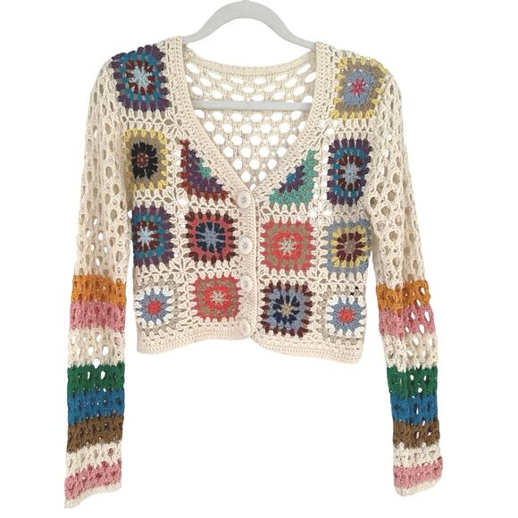 Women’s Open Knit Granny Square Crochet Sweater Button Closure Cottagecore Boho - Picture 7 of 7